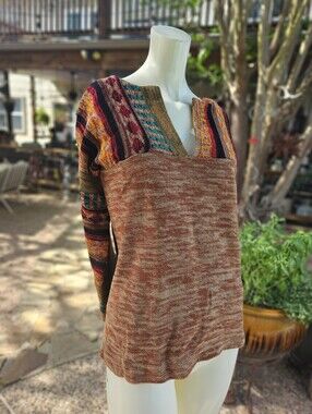 Vintage 70's Acrylic Bohemian Knit Multi Color Long Wide Sleeve Sweater Size M